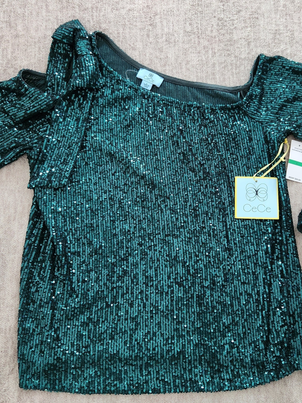 CeCe Emerald Green Sequin One-Shoulder Bow Top Size Lg